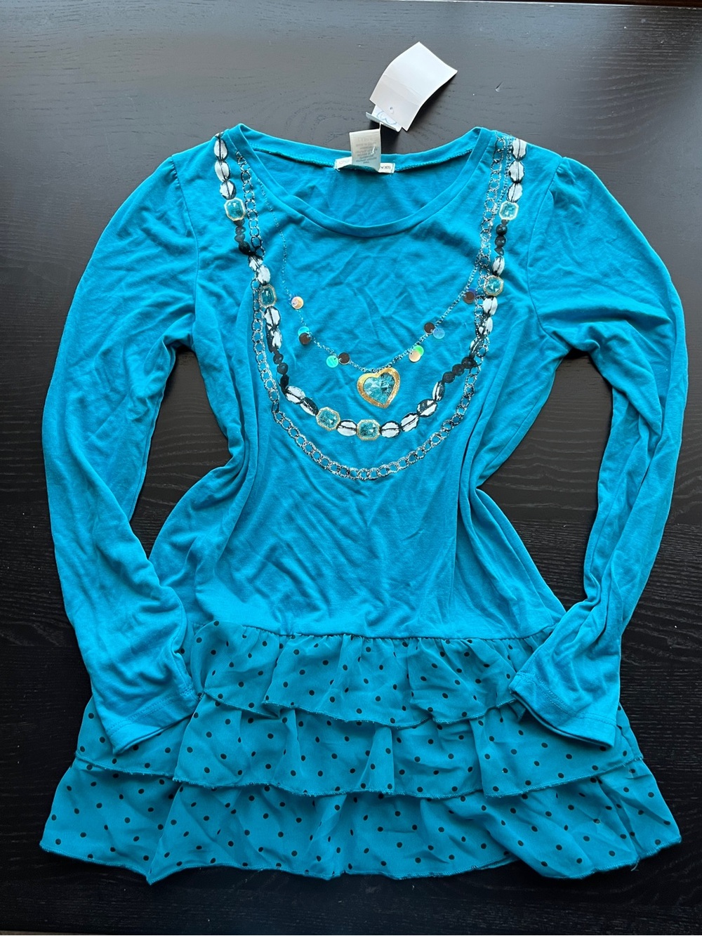 Self Esteem Teal Long Sleeve Tiered Ruffle Dress Top with Bead Print